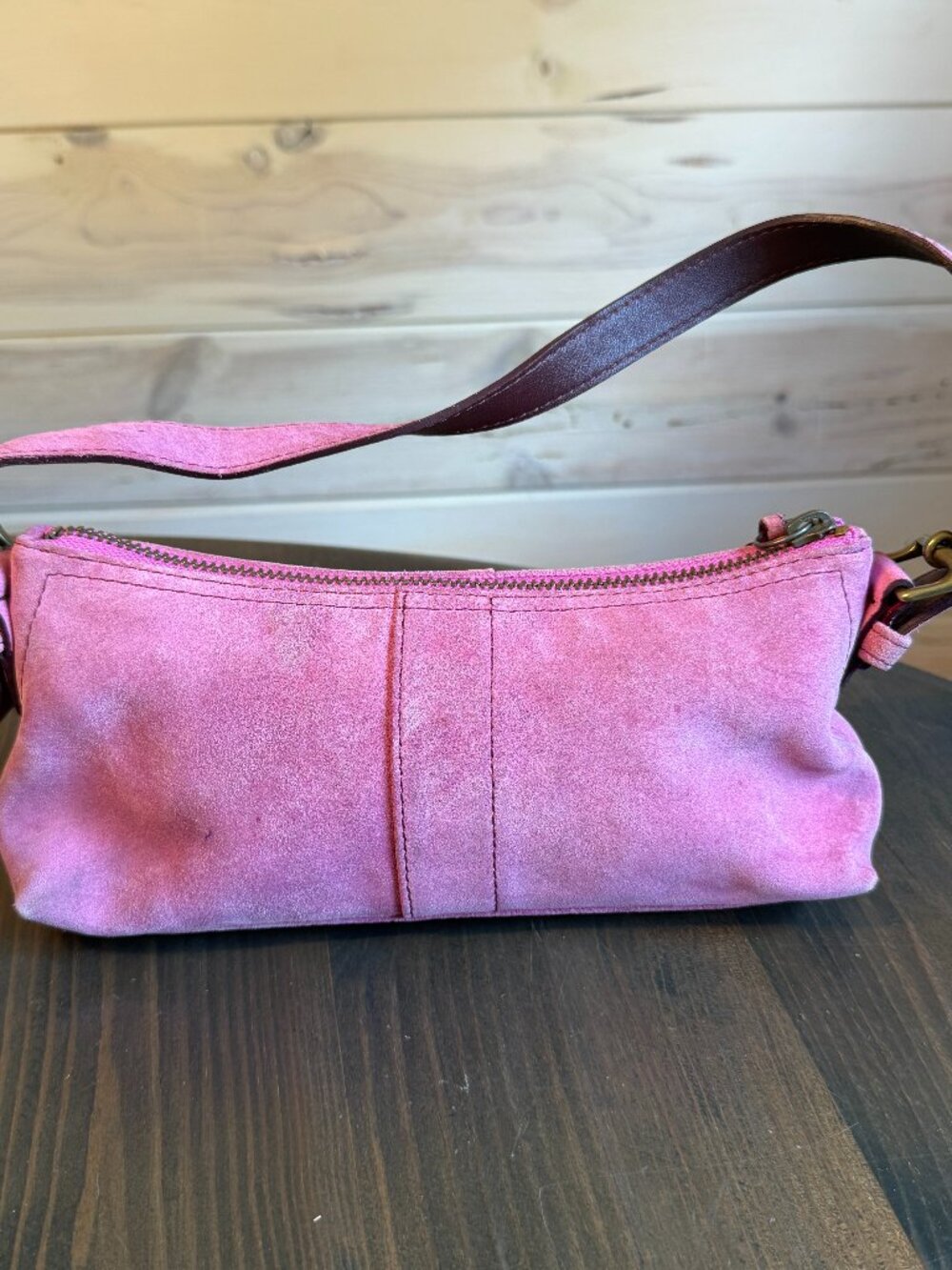 Vintage Coach Hamptons Demi 7470 Pink Suede Baguette Shoulder Bag Y2K